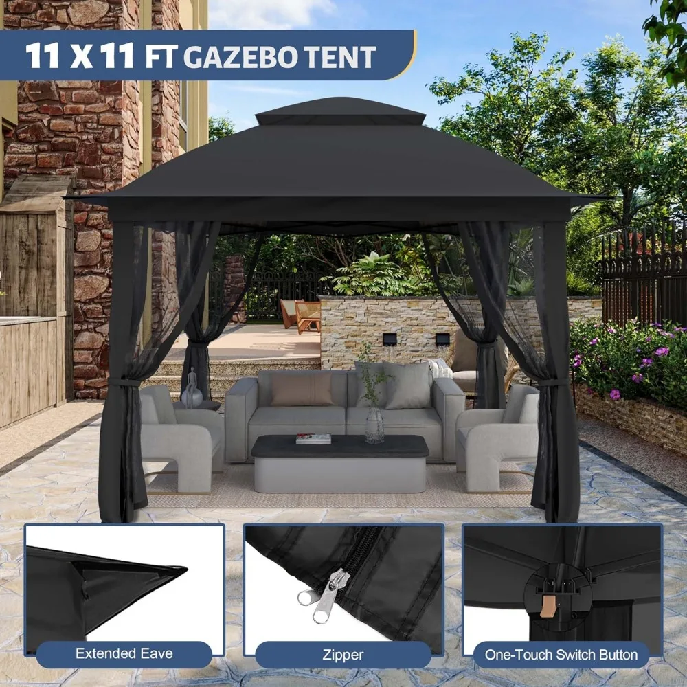 11'X11' أكشاك منبثقة مع 4 جدران جانبية ناموسية، خيمة مظلة فناء شديدة التحمل مع أسطح هوائية مزدوجة للساحات الخلفية #4