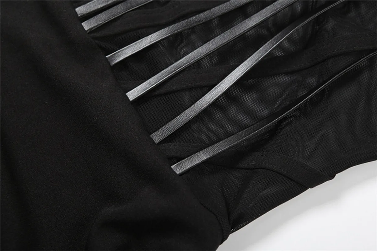 Sheer Mesh Patchwork Straps Halter Backless Ruched Bodycon Mini Dress Women Sexy Strapless Side Ribbon Slim Party Clubwear