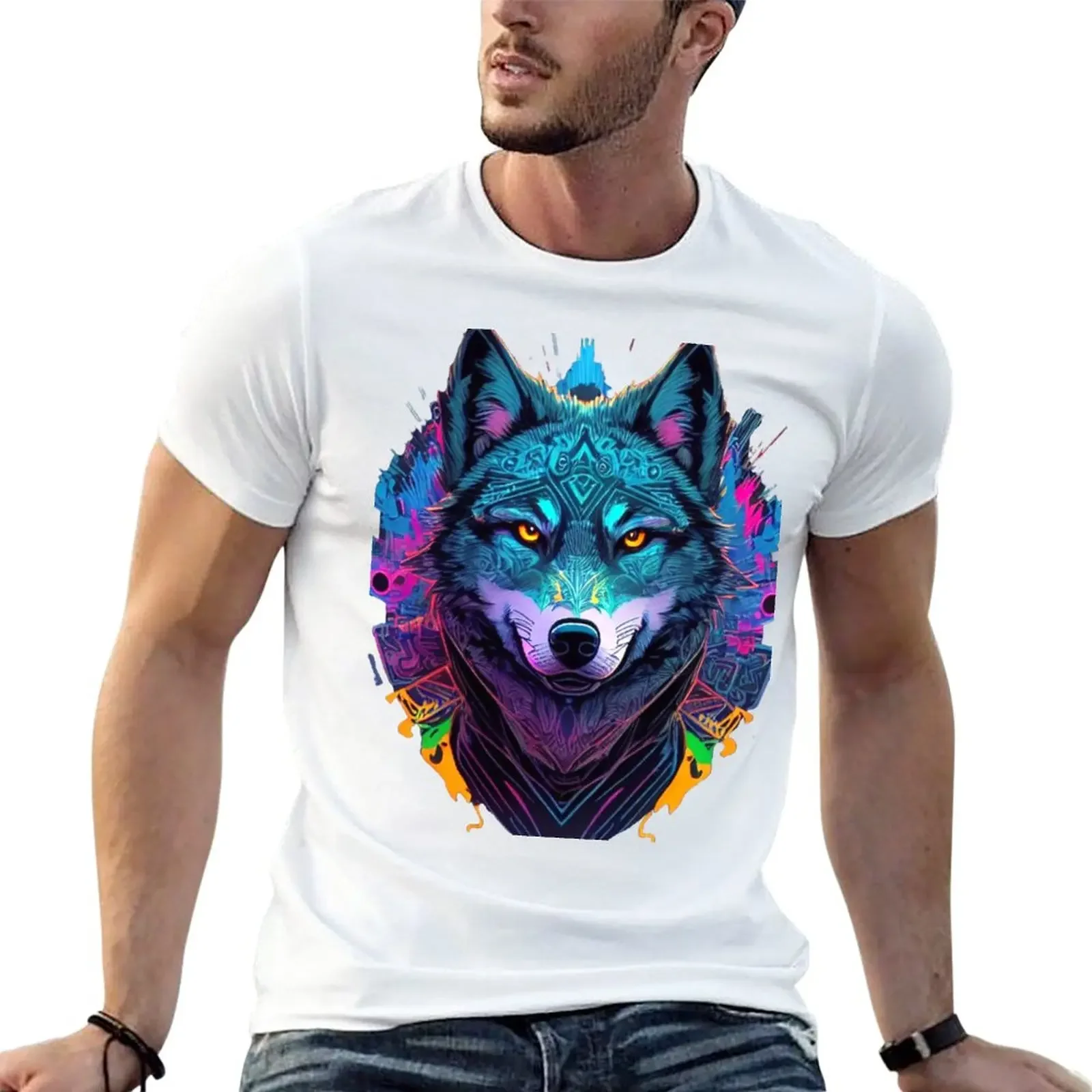 

Proud wolf in tribal look T-Shirt animal prinfor boys boys animal print new edition Men's clothing