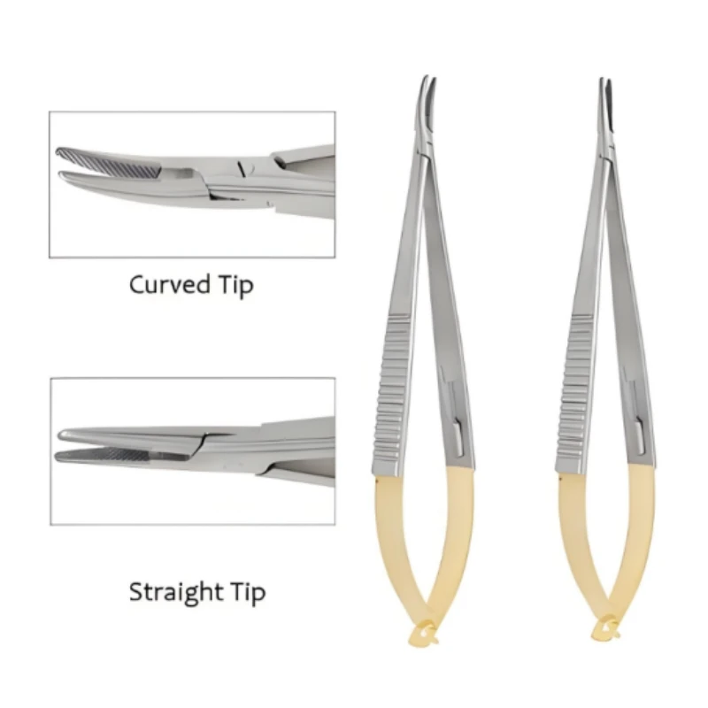 14cm/16cm Dental Needle Holders with Lock Golden Handle Straight/Curved Head Holding Forceps Tweezer