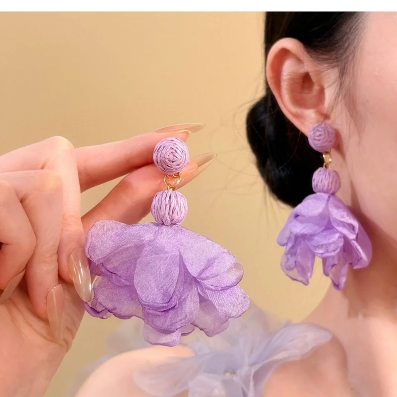 Bohemian Blue Chiffon Flower Drop Earrings Handmade Raffia Rose Tassel Dangle Earrings for Women Beach Vacation Party