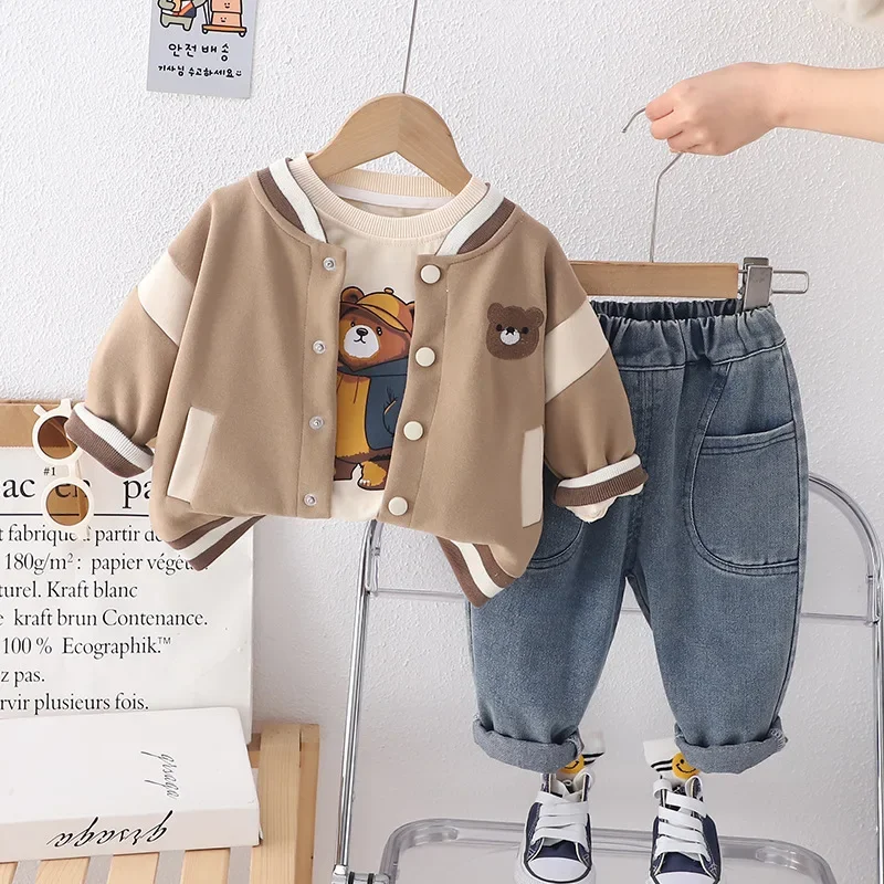 Autumn Spring Baby Boy Boutique Infant Clothes Casual Cartoon Cardigan Jackets+White T-shirt Top+Jeans Pants 3pcs Kids Sport Set