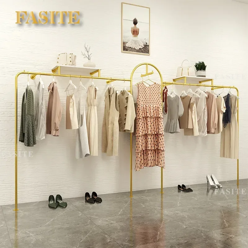 For Clothing Store Light Luxury Gold Wrought Iron Wall Mounted Floor to Ceiling Display Rack Women's Clothes Hanger New Shelf