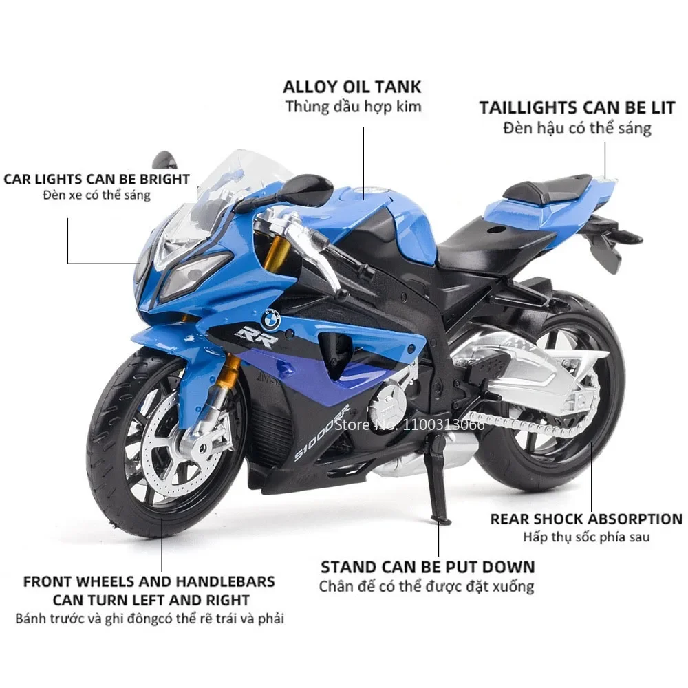 1/12 Scale BMW S1000RR Toys Model Car Alloy Diecasts Vehicle Model with Light The Front Wheels Can Turn Motorcycle for Boy Gifts