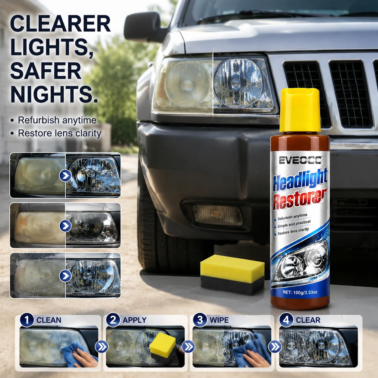 100g Car Headlight Restorer Cream, Auto Headlamp Lens Polish Remove Yellow Fog Oxidation Restore Brightness