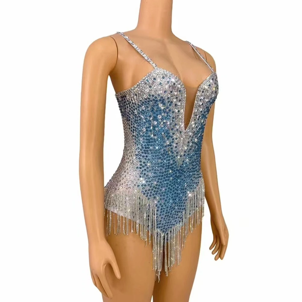 Customized Sparkly Rhinestones Chains Bodysuit for Women Sexy Performance Dance Costume Singer Dancer Leotard Show Stage Wear