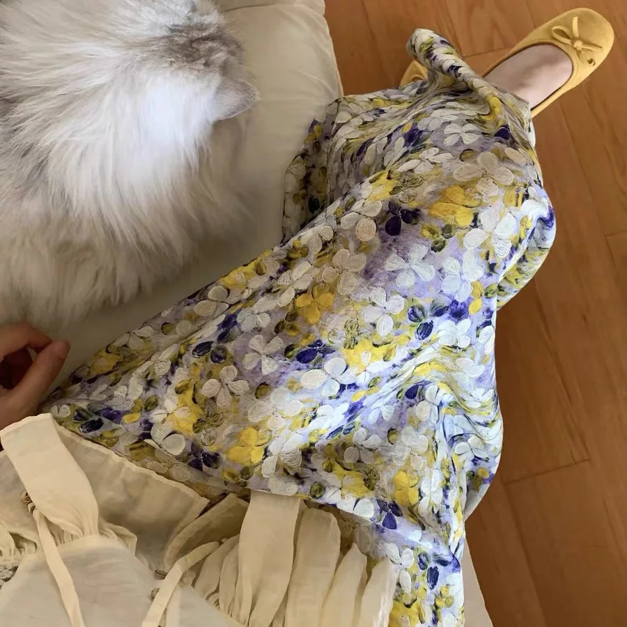Oil Painting Purple Dream French Gentle Oil Painting Floral Diagonal Satin Silk Skirt 19mm Sand Washed Silk Plain Crepe Satin