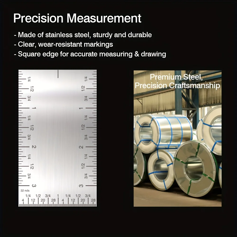3-Inch Stainless Steel Precision Square Ruler, Dual Scale Metric/Imperial Conversion, Compact & Portable Pocket Measuring Tool