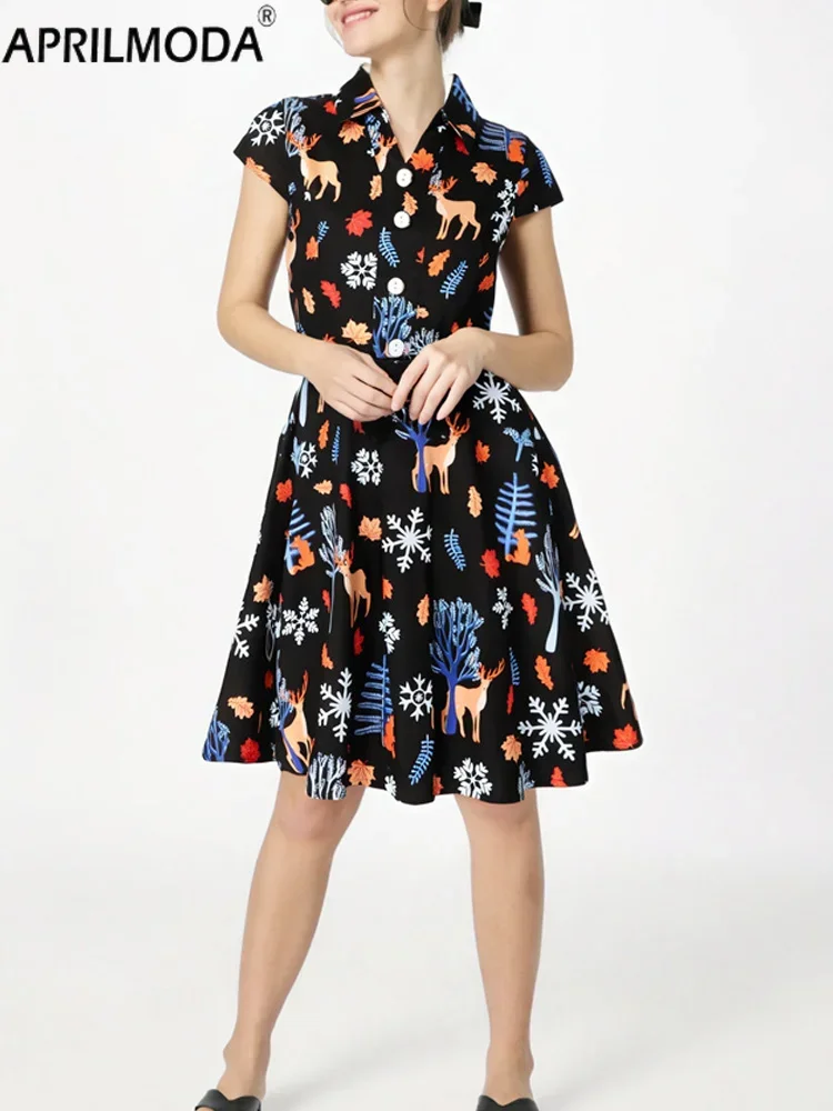 1950s Style Dinner Short Sleeve Prom Evening Cocktail Dress V Neck Elegant Christmas Black Print Swing Casual Women's Dresses