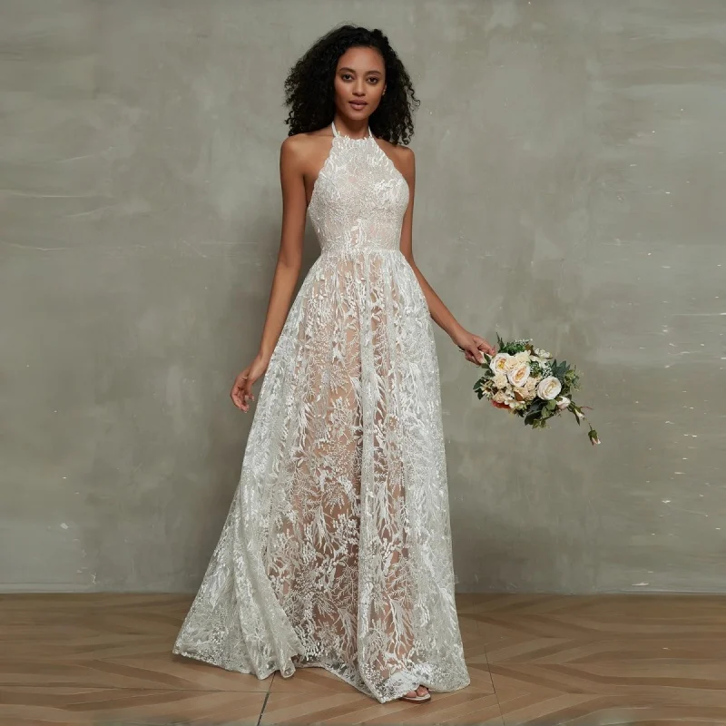 Halter Neck Botanical Lace A-Line Wedding Dress Floor Length Halter Neckline Nude Tulle Underlay Beach Wedding Customizable