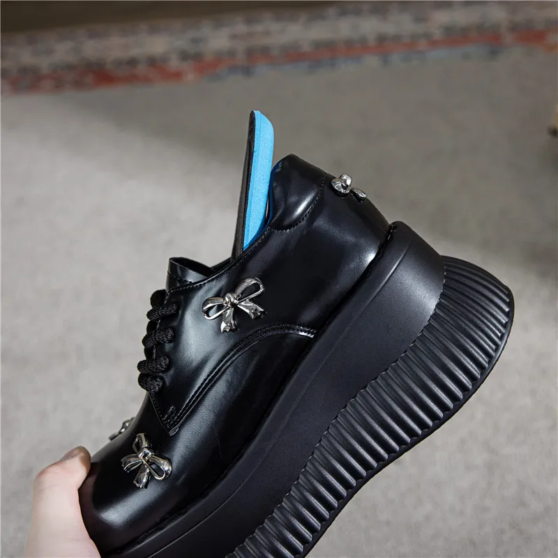 2025 플랫폼 로퍼 여성용 봄 소프트솔 논슬립 브리티시 컬리지 스타일 레이스업 리본 작은 가죽 신발