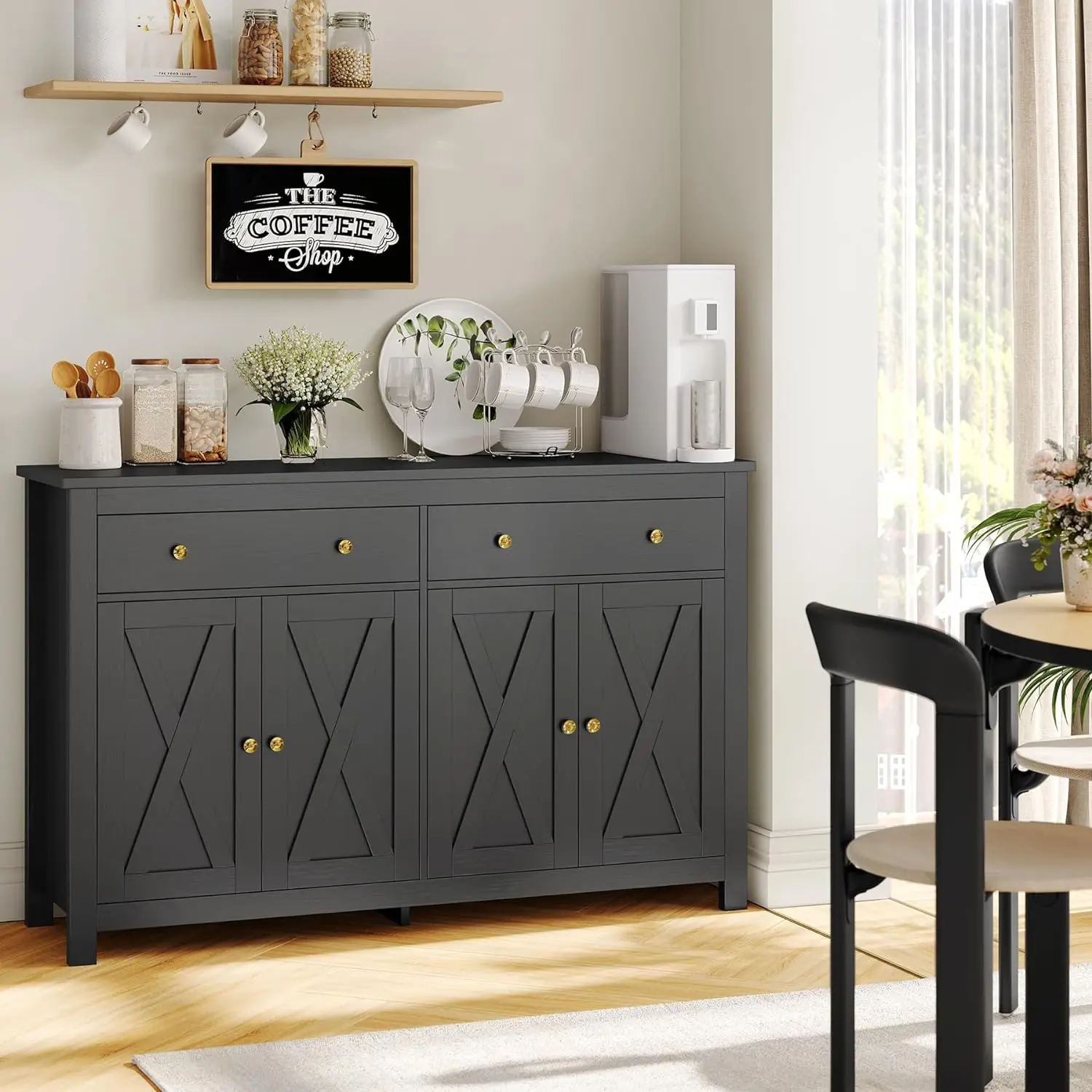 Kabinet Bufet Sideboard dengan penyimpanan, 55 "lemari penyimpanan dapur besar dengan 2 laci dan 4 pintu