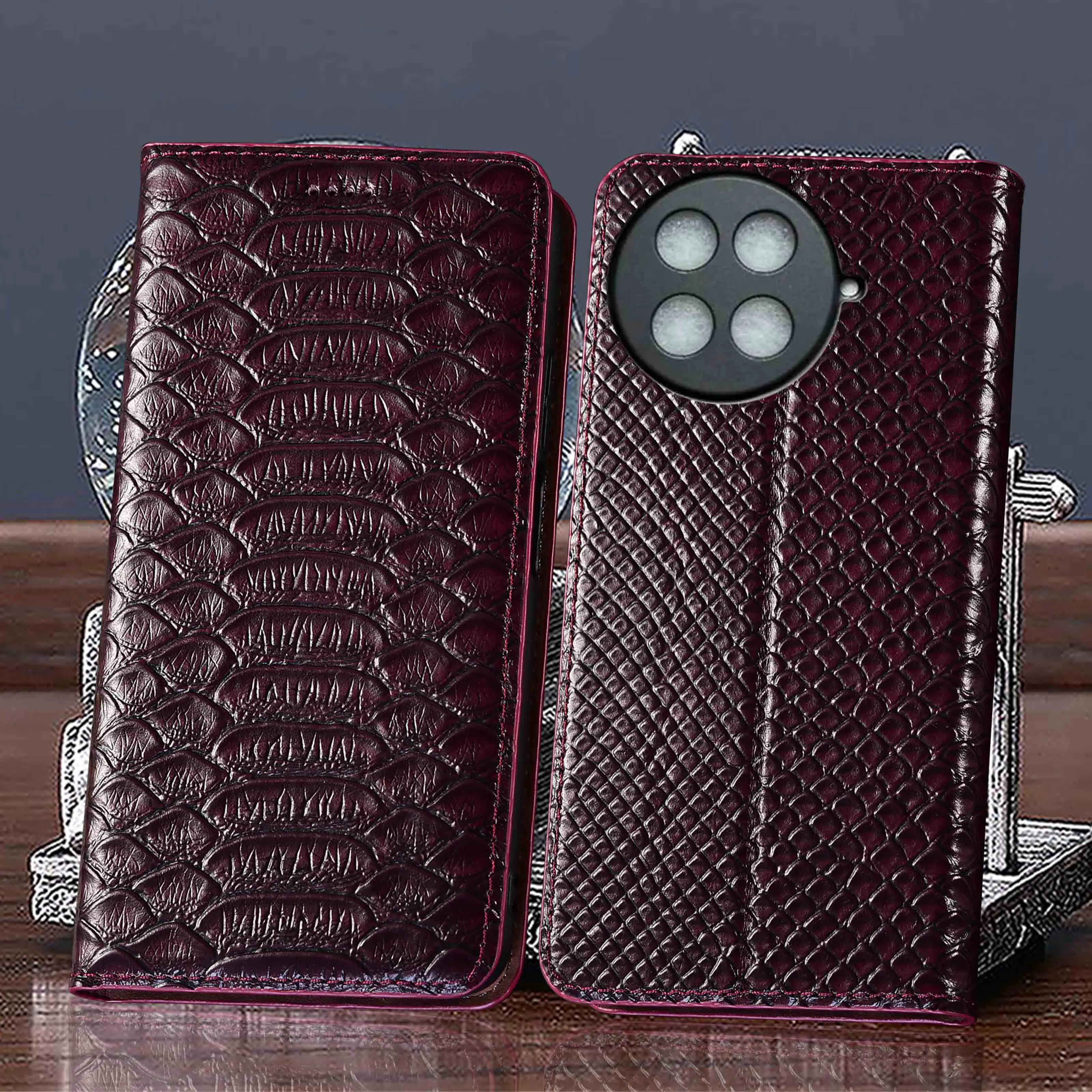 

For Tecno Camon 17 18 19 20 20S 30 30S 40 50 Premier Pro Ultra 4G 5G Python Pattern Of Genuine Leather Flip Phone Case Cowhide