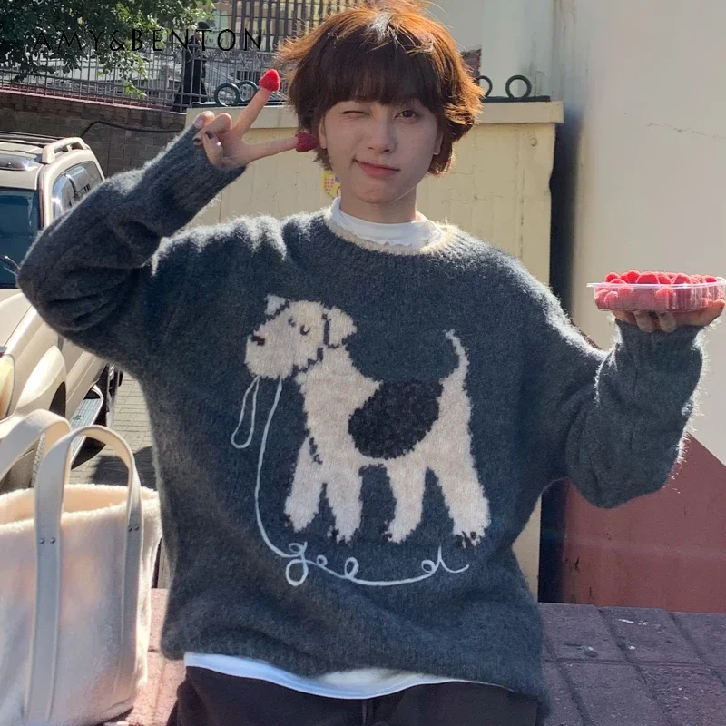 

2024 Japanese Autumn New Cartoon Puppy Crew Neck Gray Pullover Sweater For Women