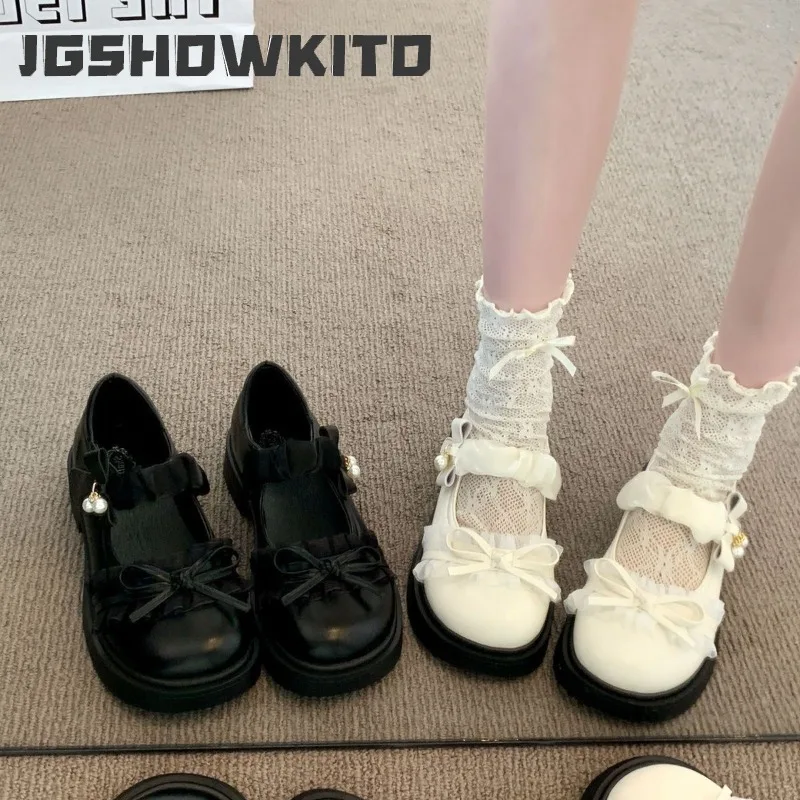 JGSHOWKITO Kids Princess Leather Shoes Sweet Bow Pearl Girls Mary Jane Shoes Thick Bottom Non-slip Children Perform Dress Shoes