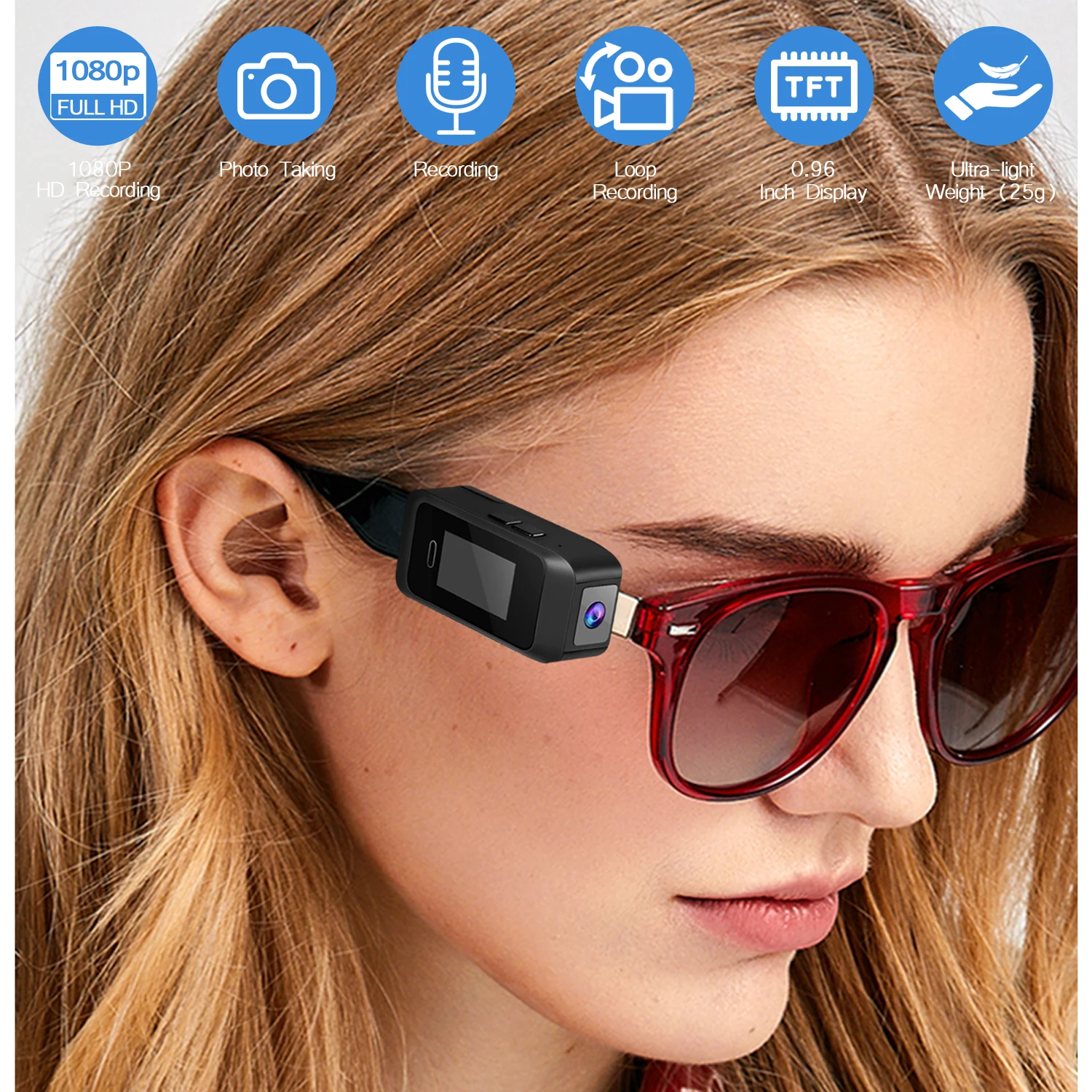 HD 1080P 30FPS Head Mounted Camera Wearable Video Wireless Camcorder Battery DV New Glasses Mini Cam with 0.96 Display Screen