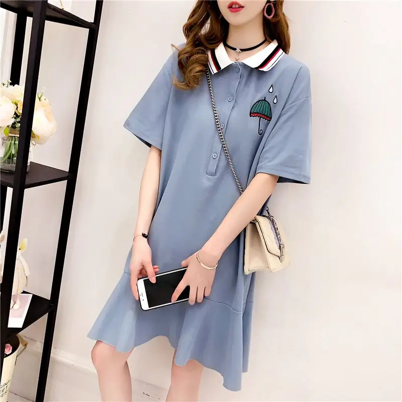 

Women's Clothing Solid Color Polo Dress Summer New Korean Style Loose Fit Midi Length Elegant Casual Trendy