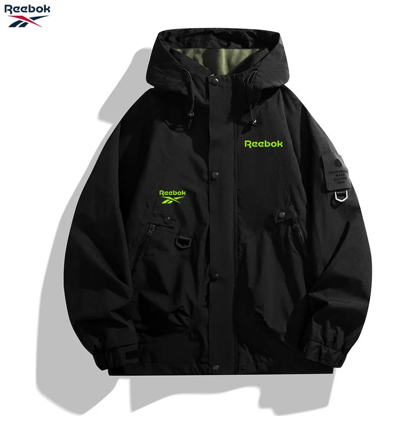 Reebok Unisex Hooded Jacket Multi-Zip Waterproof Windproof Stain Resistant Coat, Loose Comfortable for Mountaineering Hiking Cam