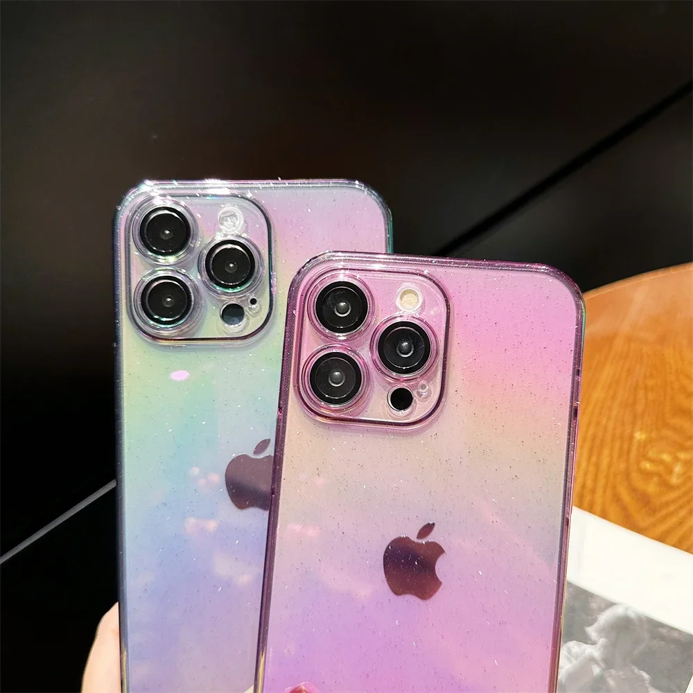 Dla iPhone 15Pro brokatowe kolorowe etui na iPhone 15 14 Pro Max 13 12 11 Gradient Rainbow Ultra Slim odporne na wstrząsy luksusowe etui