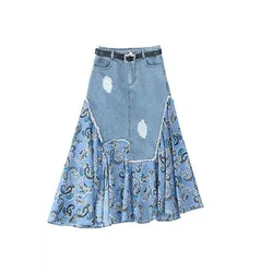 Women's Denim Skirt Spring Summer 2024 New Loose Women Jeans High Waist Splicing Cowboy Skirt Long Printing A-line Skirts Female