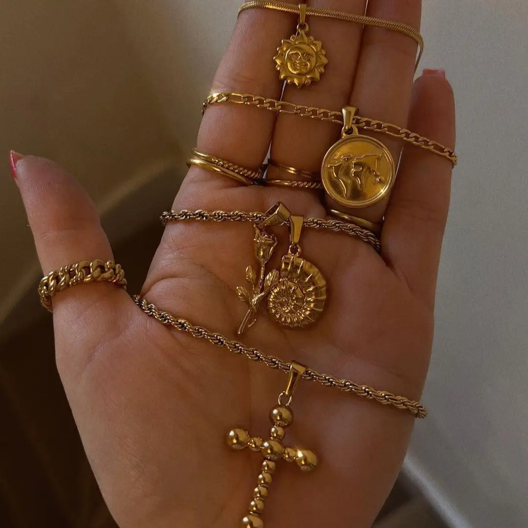 INS 18k Gold-plated Stainless Steel Cross Cupid Necklace For Women Vintage Sun Pendant Necklaces Chain Fashion Jewelry Gift