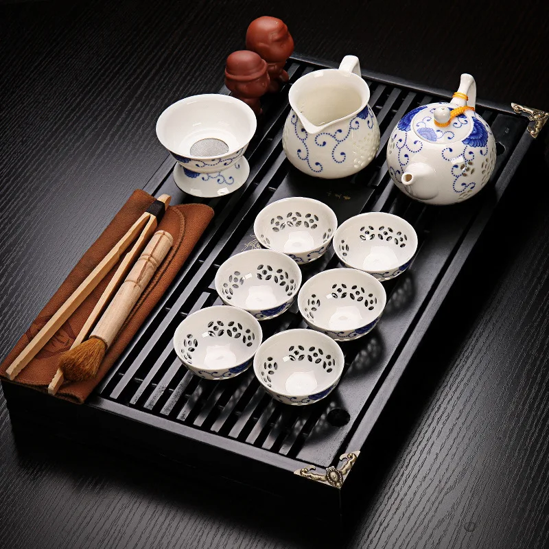 Tea ceremony Kung fu tea set Light luxury set solid wood tea tray ceramic purple sand ice crack teapot teacup tea sea home