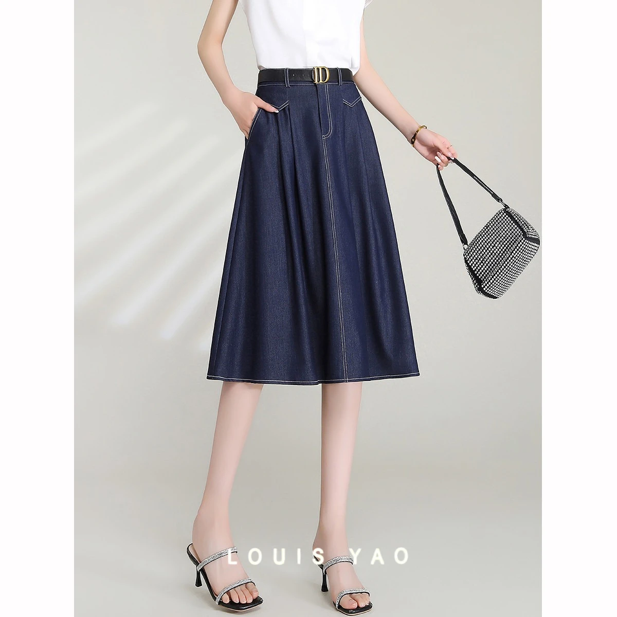 

LOUIS YAO New Mid-length Denim Skirt 2025 Spring Retro Style Knee Length A-line Women Skirt Fashionable Street Wear New