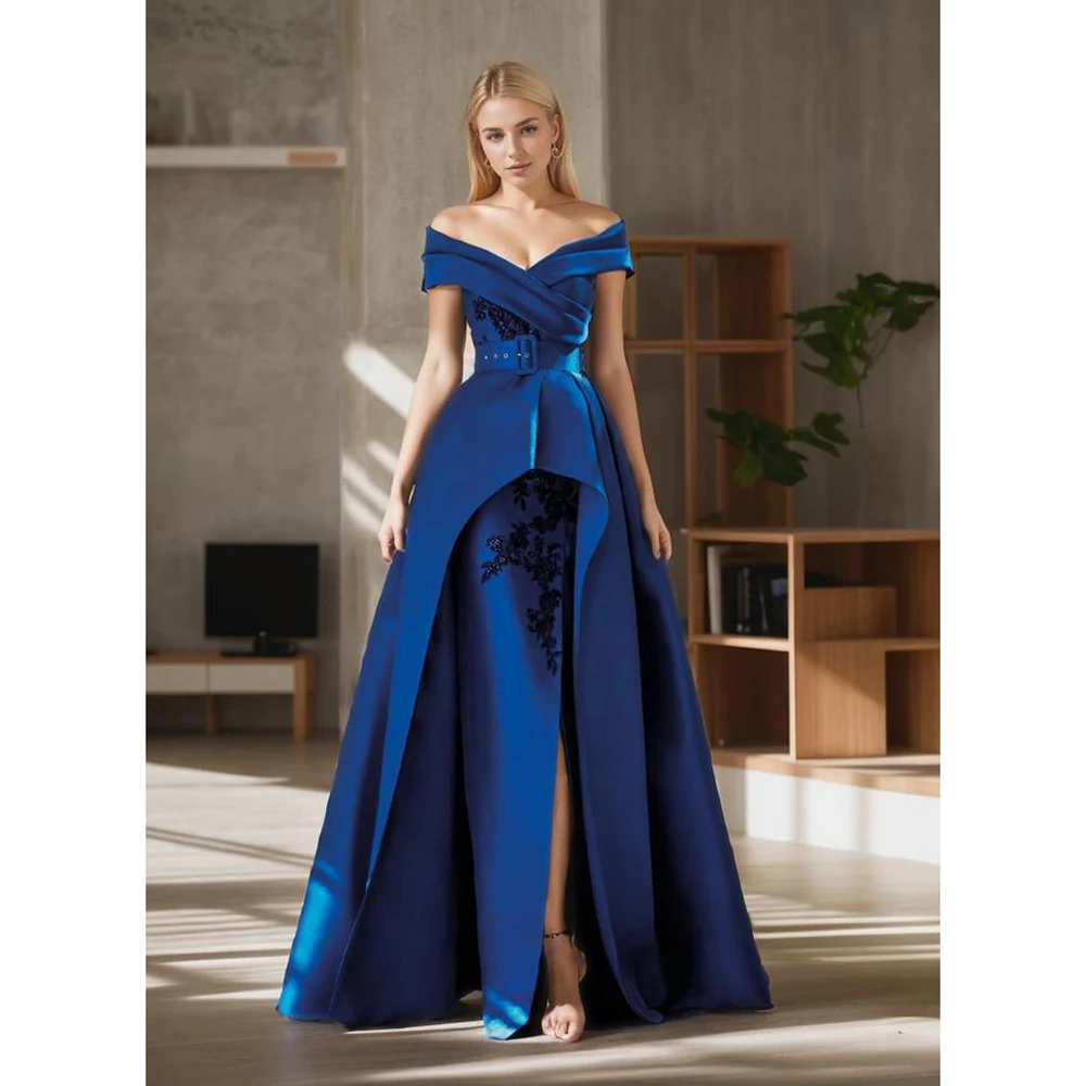 Blue Off the Shoulder Evening Dress Appliques Floor Length Sweep Train Gowns Special Occasion Pretty Women Prom Dresses 2024