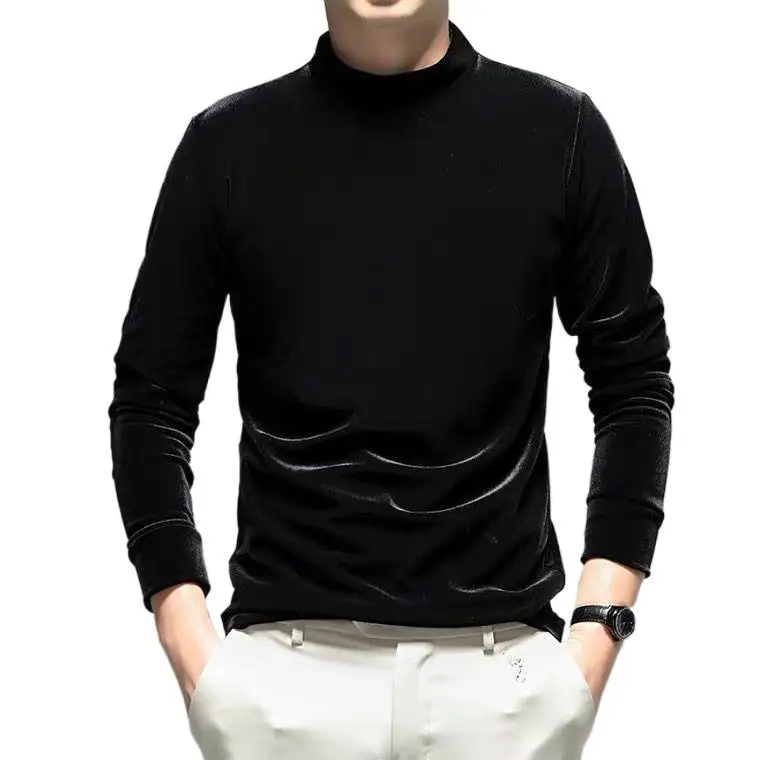 

2024 Winter Fashion Men slim half turtleneck velour blouse,M-7XL plus size Spring & Autunm basic velvet shirts black brown