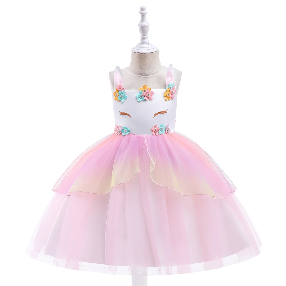 Rainbow Unicorn Party Costume for Girls Cosplay Princess Flower Tulle Dresses Fashion Christmas Halloween Birthday Kids Clothing