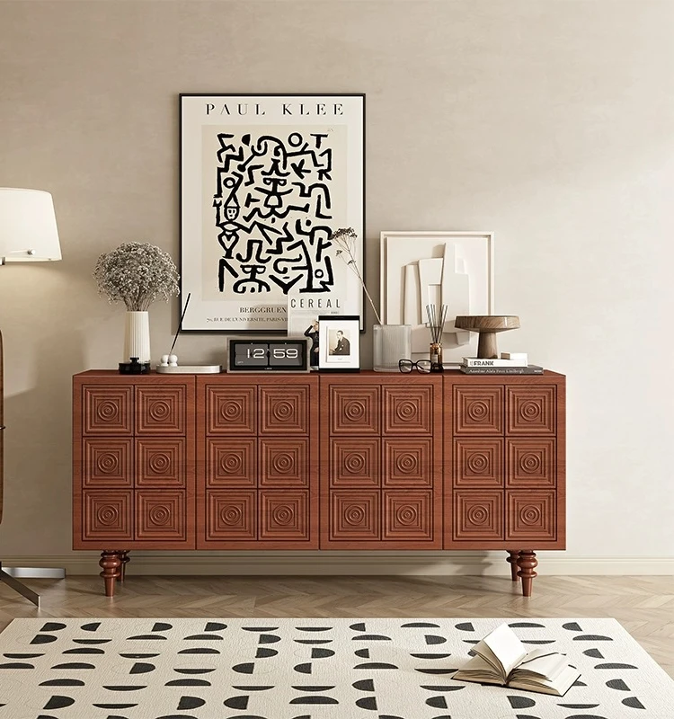 

French medieval solid wood dining side cabinet, log color, American retro engraved porch cabinet, wabi-sabi wind storage cabinet