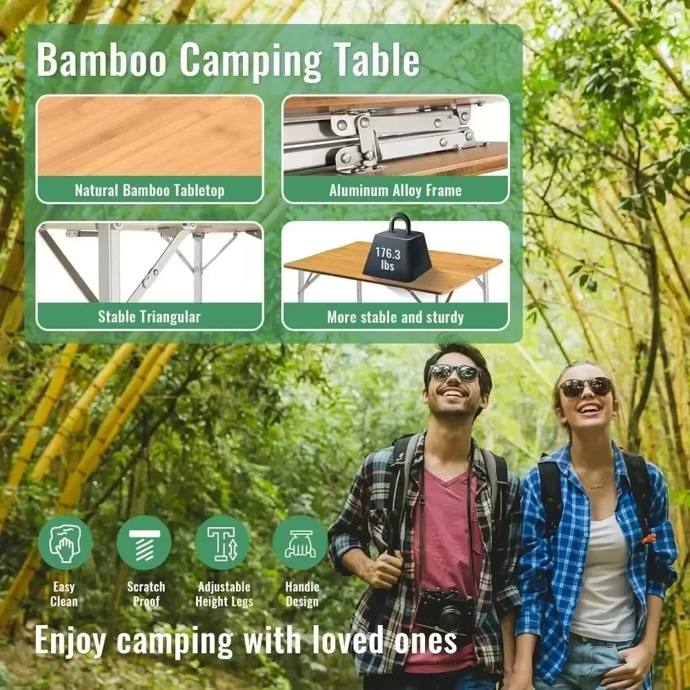 Bamboo Folding Table Portable Camping Table Adjustable Height Camping Table for Travel Picnic Beach Outdoor and Indoor Tables