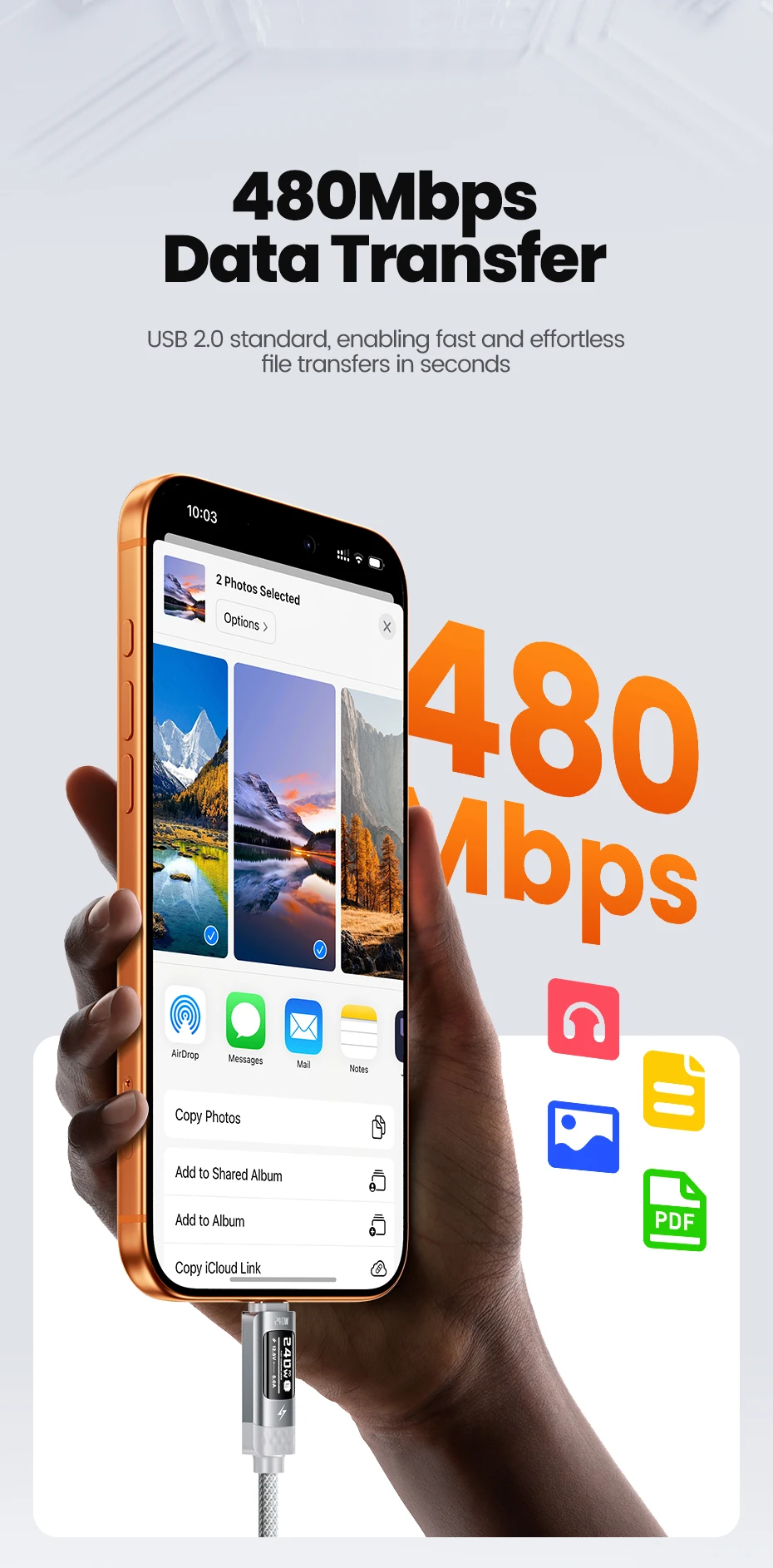 Toocki PD 240W USB-C zu USB-C Kabel 1/2/3 Stück Weiß OLED Digitalanzeige SFC 2.0 Schnellladekabel Typ C für iPhone 17 Samsung – Detail 9