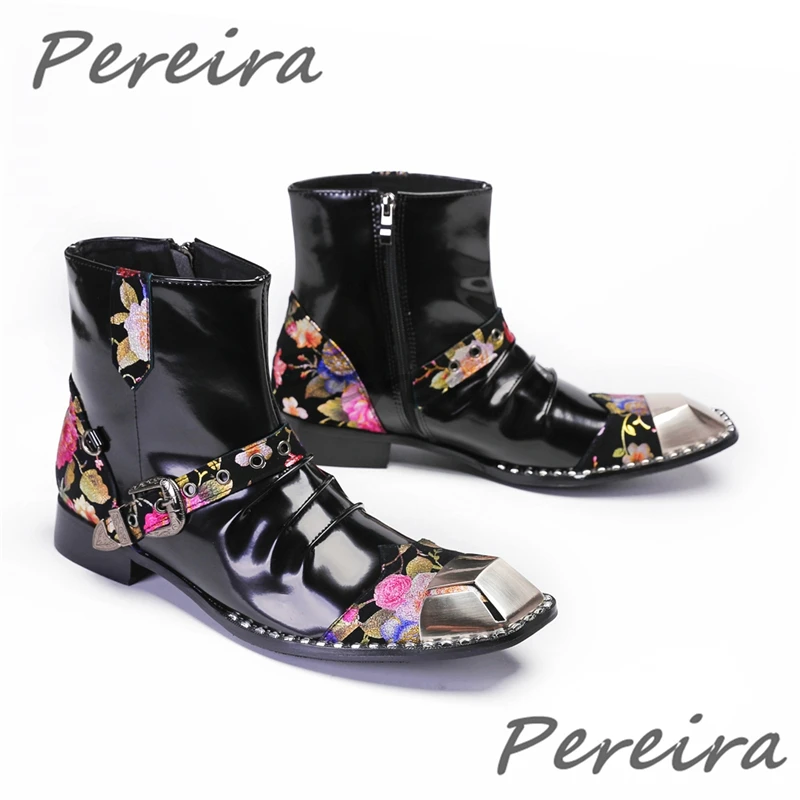 

Flower Printed Patchwork Patent Leather Men's Boots Trendy Versatile Iron Square Toe Mid-Calf Boots Party Comfortable Male Shoes