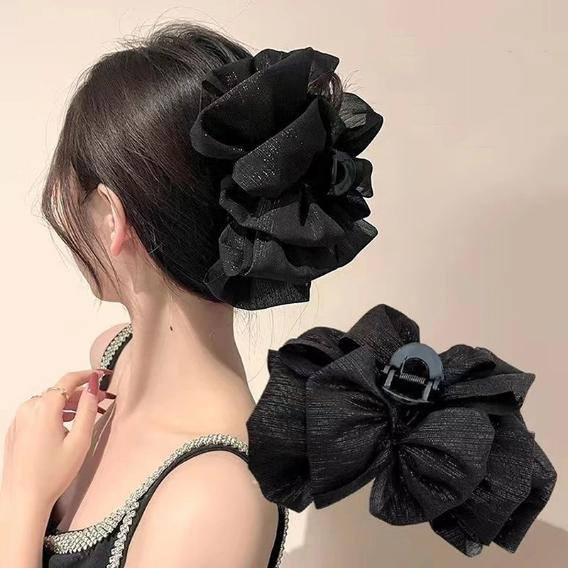 Fashion Women Seersucker Clip Black Bowknot Hair Grab Hair Bow Shark Clip Mesh Bubble Grabber Girl Headwear