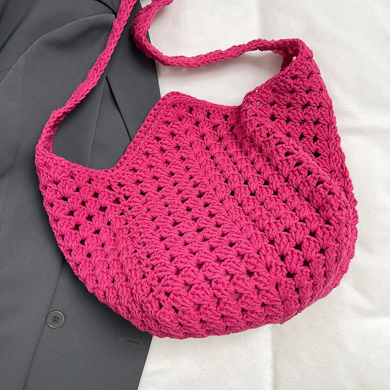 2025 Spring New Hand-woven Large Capacity Hollowed Out Shoulder Bag Korean Style Brright Color Big Weave Crossbody Bag Female