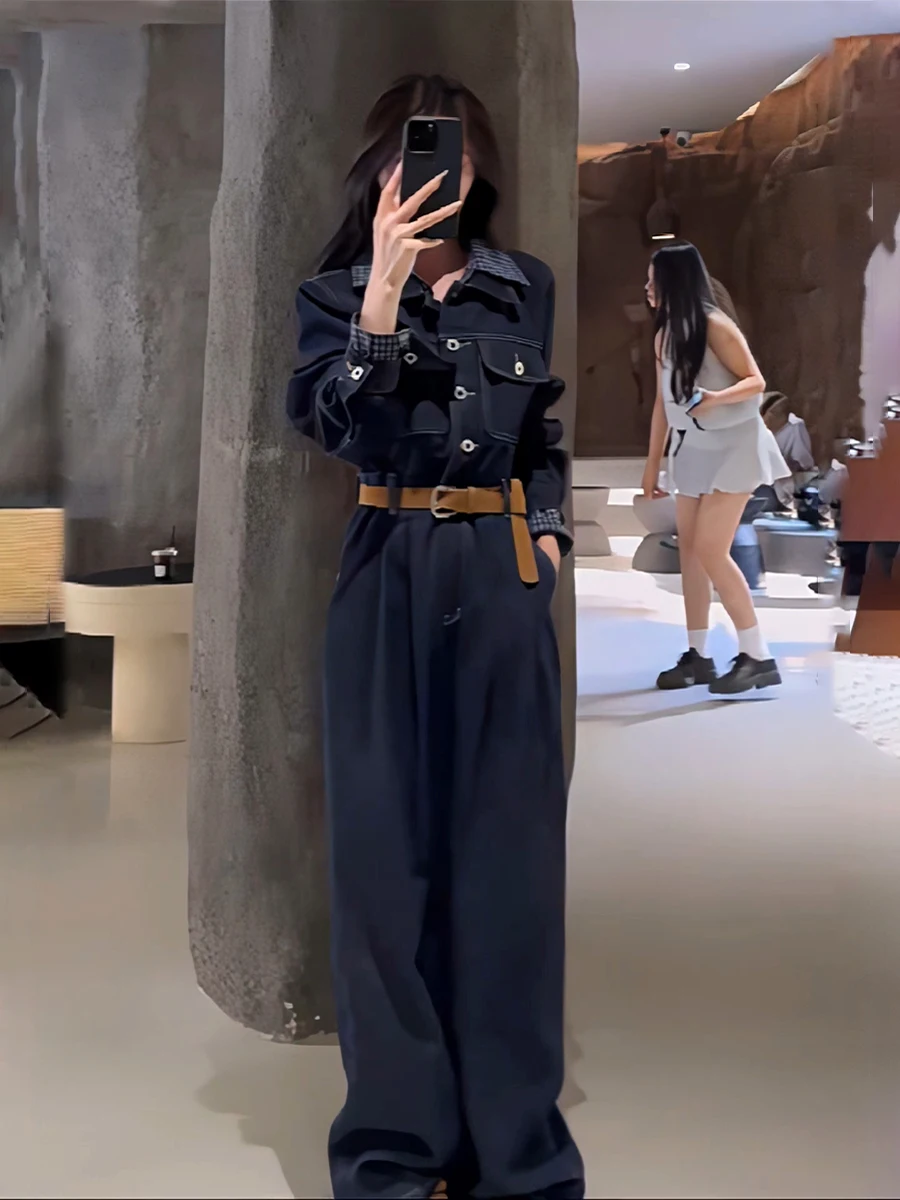 

Осень 2023, корейский гонконгский ретро джинсовый комбинезон, женские утягивающие прямые свободные длинные брюки с высокой талией для поездок на работу