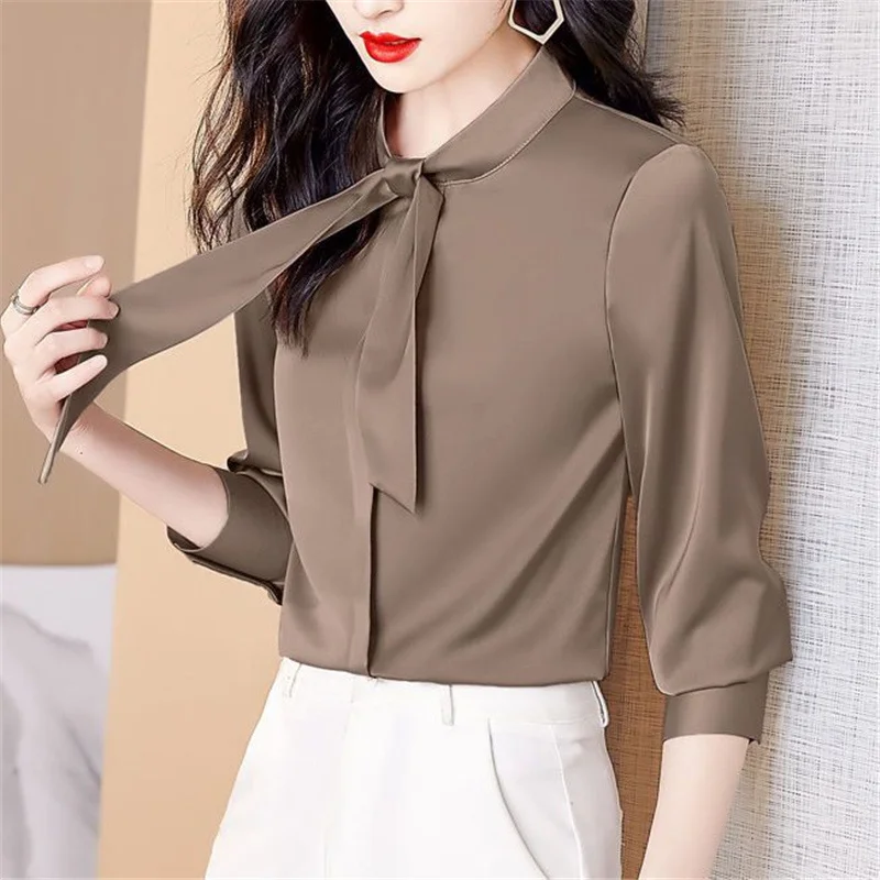 Satin Elegant Fashion Korean OL Temperament Bow Tie Blouse Top Women 2022 Autumn Solid Long Sleeve Work Wear Shirt Blusas Mujer