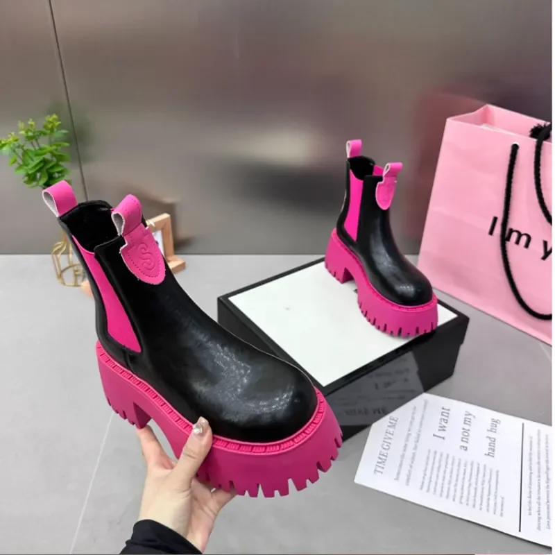 Autumn Luxury Design Punk Gothic Street Women\'s Shoes Black Pink Thick Sole Chunky Heel Slim Chelsea Ankle Boots Fashion Boots