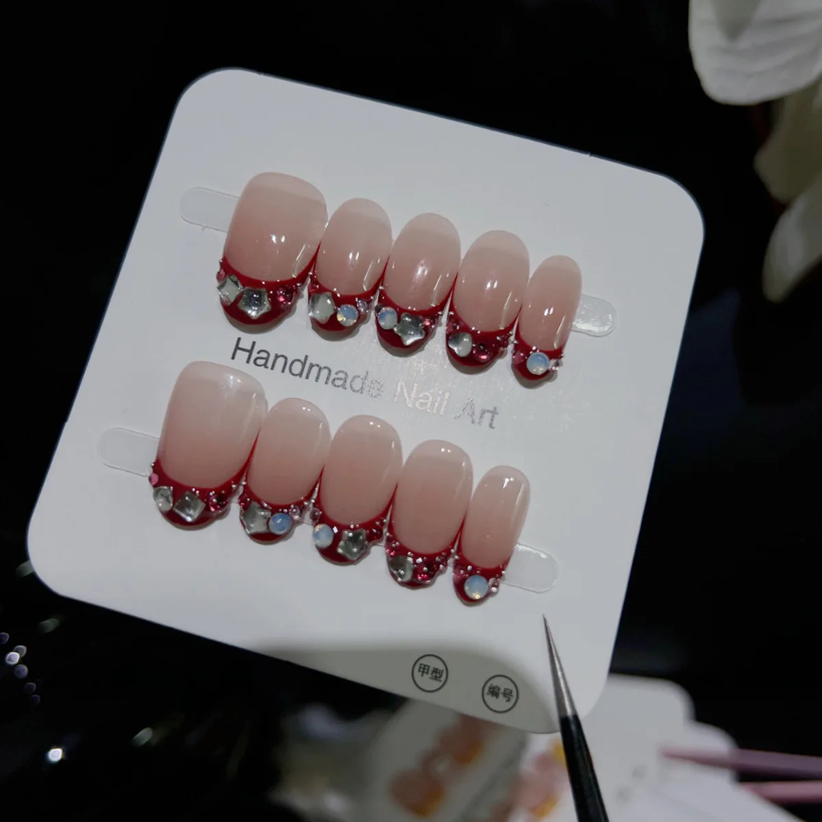 

10Pcs Handmade Short Oval Press On Nails Nude Wine Red French Sparkle Diamond Design Fake Nails Wearable Nail Art Tips for Girls