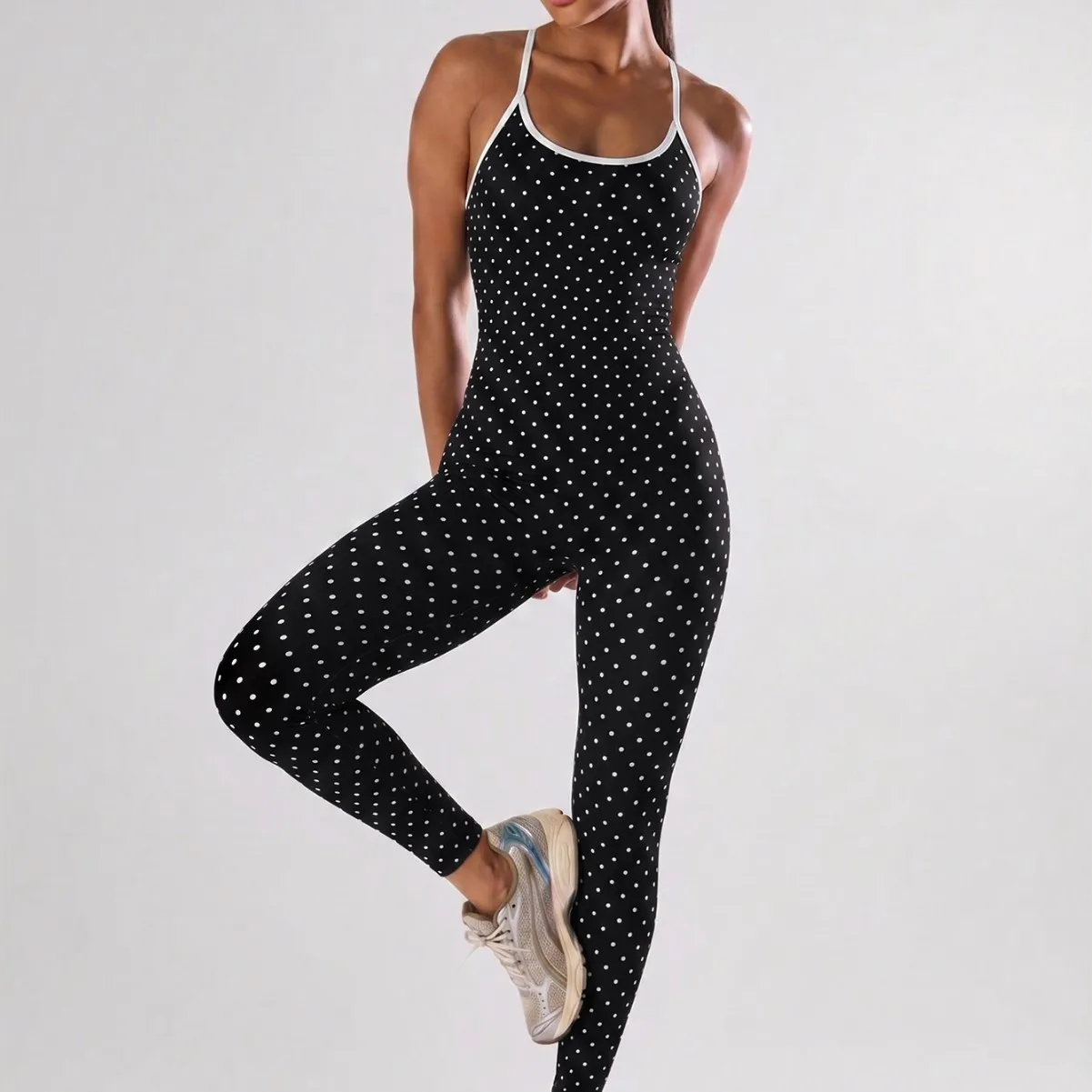 Women's Polka Dot Halter Neck Yoga Fitness Jumpsuit Wave Point Suspender Sports Yoga Jumpsuit Sleeveless Back Beauty Yoga Suits