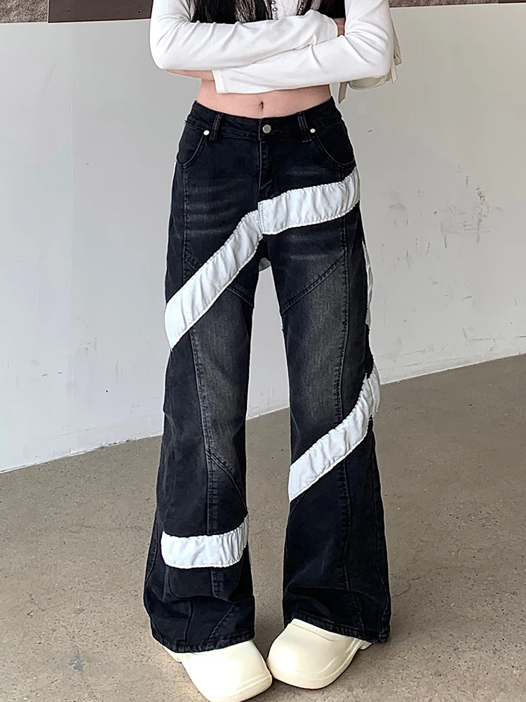 Patchwork Micro Flare Jeans Women High Street High Waist Wide Leg Long Denim Pants Female Loose Casual Trousers Black Jeans