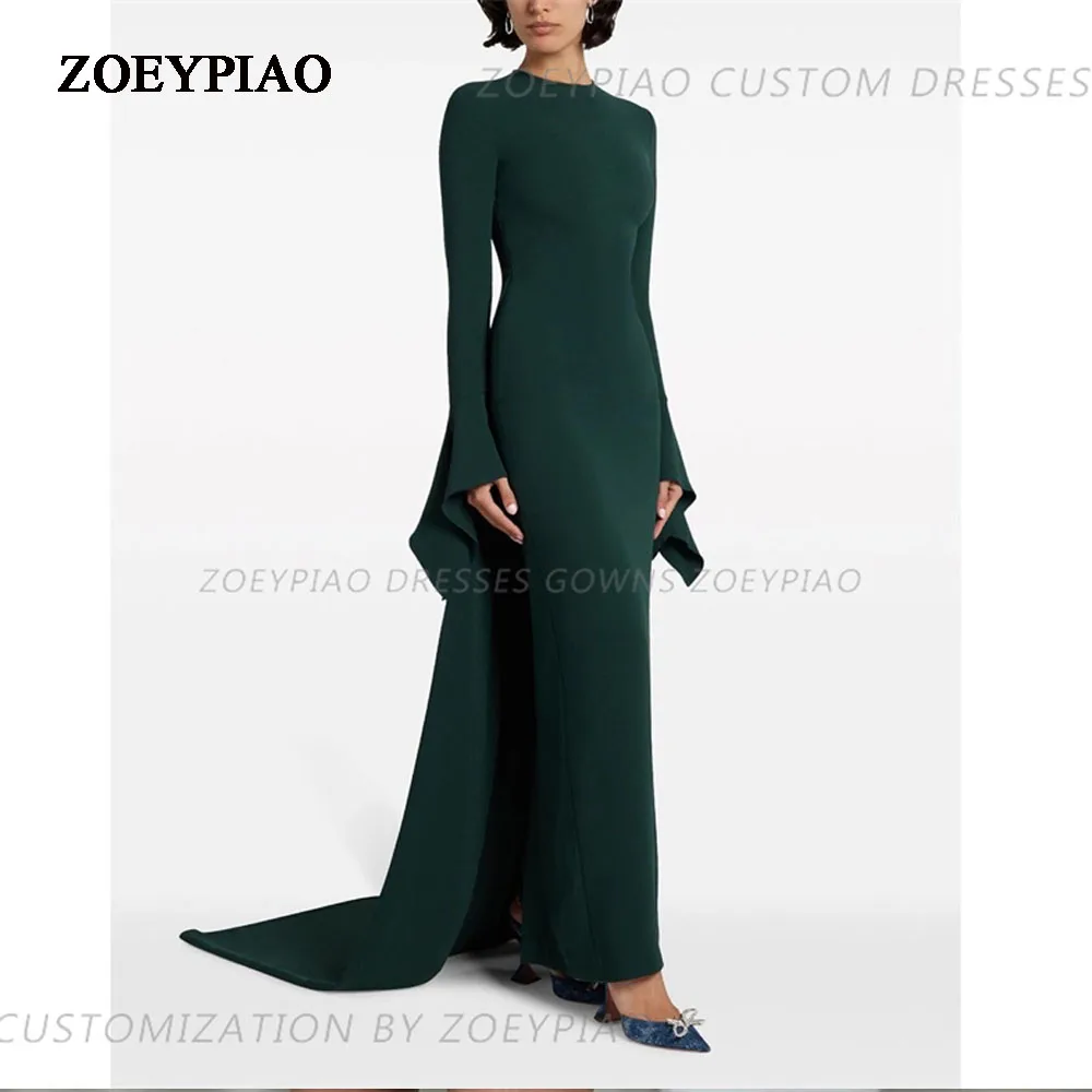 Dark Green Satin Long Vestidos De Noche Full Sleeve Satin High Neck Floor Length Evening Gowns Prom Dress 2024 فساتين السهرة