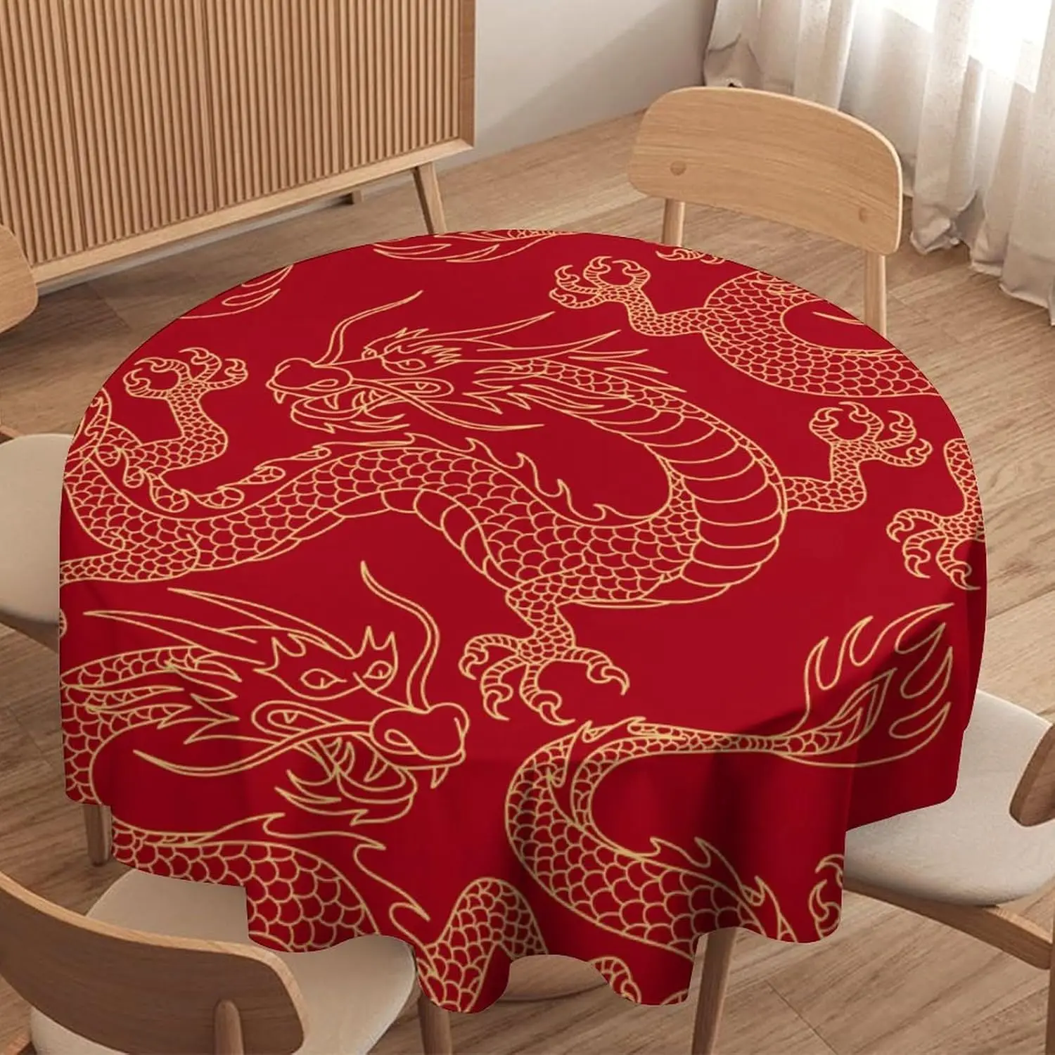 Chinese Dragon Tablecloth, Asian Traditional Animal Red Golden Dragon Print Table Cloth for Home Kitchen Dining Party