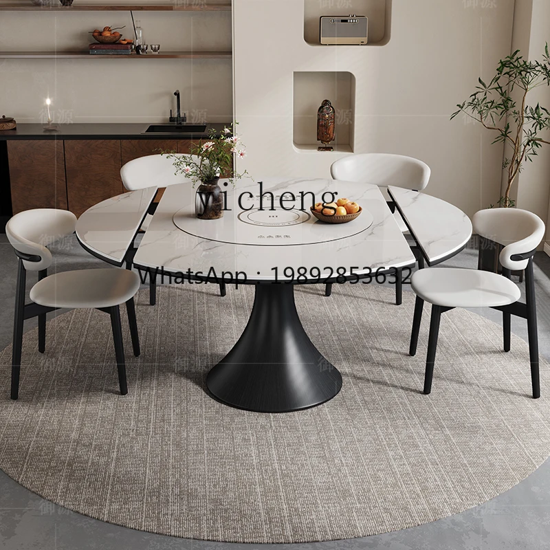 AA  rock slab solid wood multi-functional variable round dining table household hot pot turntable retractable dining table