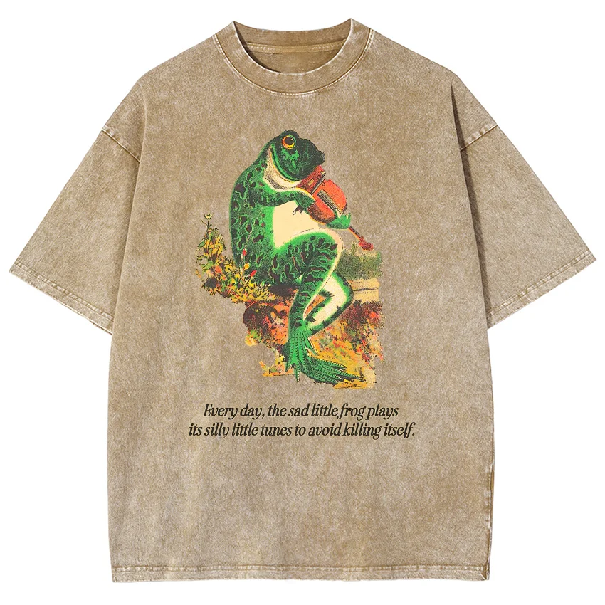 

Funny Playing The Violin Frog Print T-Shirt Couple Wear Neutral Style Retro Round Neck Fashion Trend New Short Sleeves