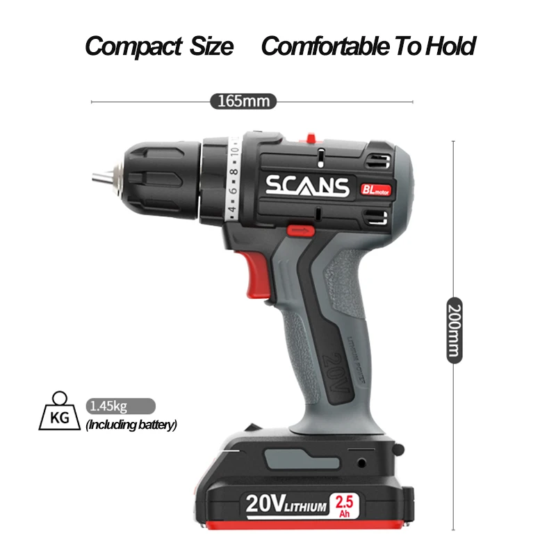 SCANS 20V Brushless Lithium Electric Cordless Drill S182 Industrial-grade Rechargeable High-power Electric 45N.m  Power Tools