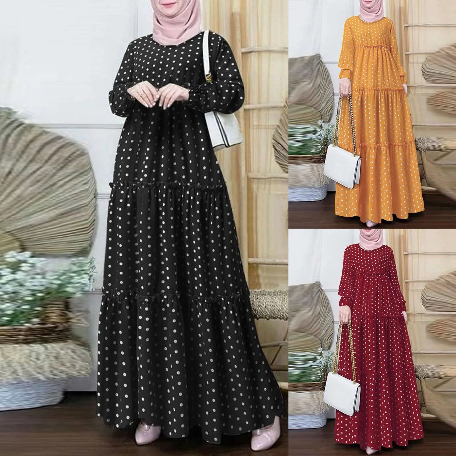 

Women Muslim Clothing Polka Dot Elegant Long Dress Bohemian Long Sleeve Big Swing Dress Prayer Clothes Ladies Dubai Clothing