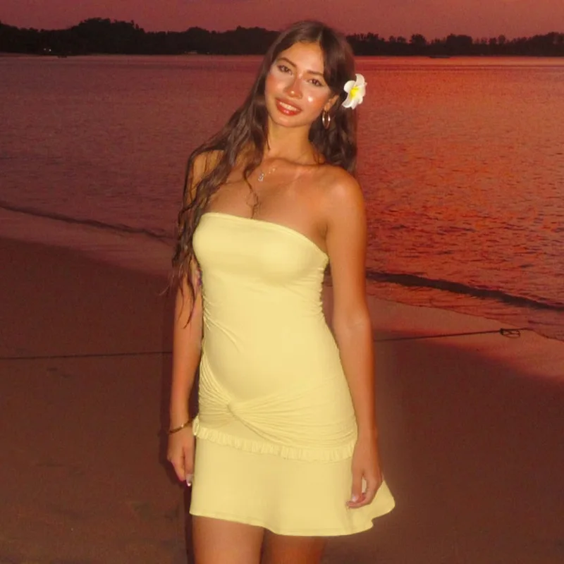 DSMTRC Abiti da vacanza estivi da donna Senza spalline Pieghe gialle solide Mini abito con spalle scoperte Abiti eleganti da festa per club