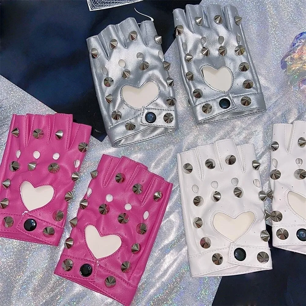 

Fashion Fingerless Rivet Gloves Leopard Print Hip-Pop Half-palm Gloves Y2K Gothic Patent Leather Gloves Cosplay
